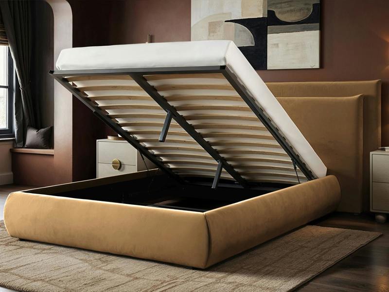 SOLACE+CO Sigrid Sand Velvet Cushion Headboard Ottoman Bed