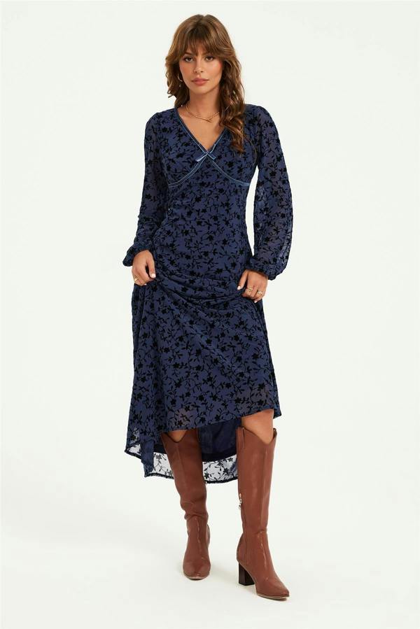 FS Collection Floral Velvet Devore V Neckline Midi Dress In Navy