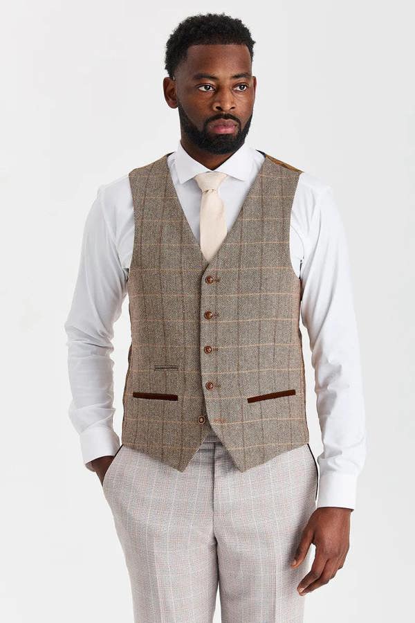 Paul Andrew Leo Beige Suit with Harris Brown Tweed Waistcoat