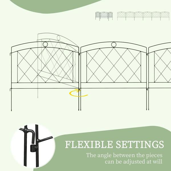 Black arched metal fence panels with diamond lattice; height and angle shown for setup