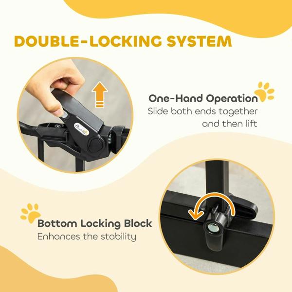 Black pet gate double-lock system, one-hand slider and bottom locking block detail