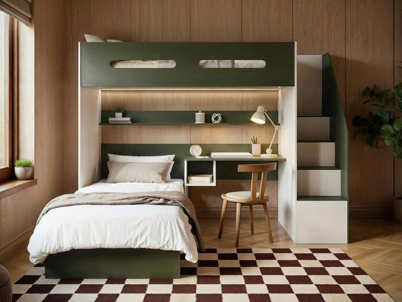 Alpha Bunk Bed with LED Beige and Green
