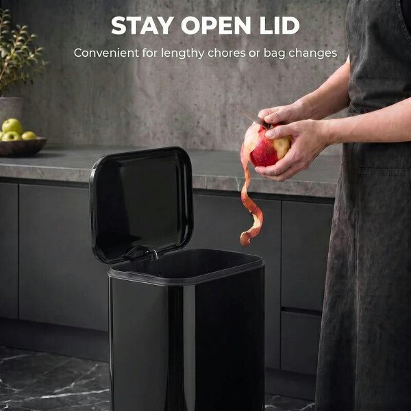 20 L Kitchen Pedal Bin, Metal Rubbish Bin with Removable Inner Bucket, Soft-Close & Stay-Open Lid, High Gloss Black