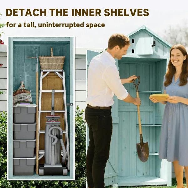 Blue wooden utility shed with detachable inner shelves, open storage compartment view