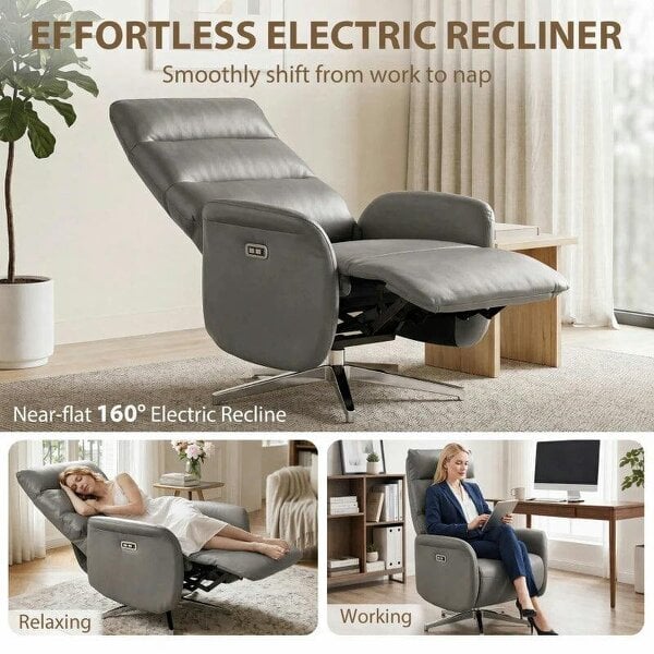 Power Recliner Chair, Swivel Electric Reclining Chair with Type C+USB, Recliner Armchair with Footrest, Dark Grey