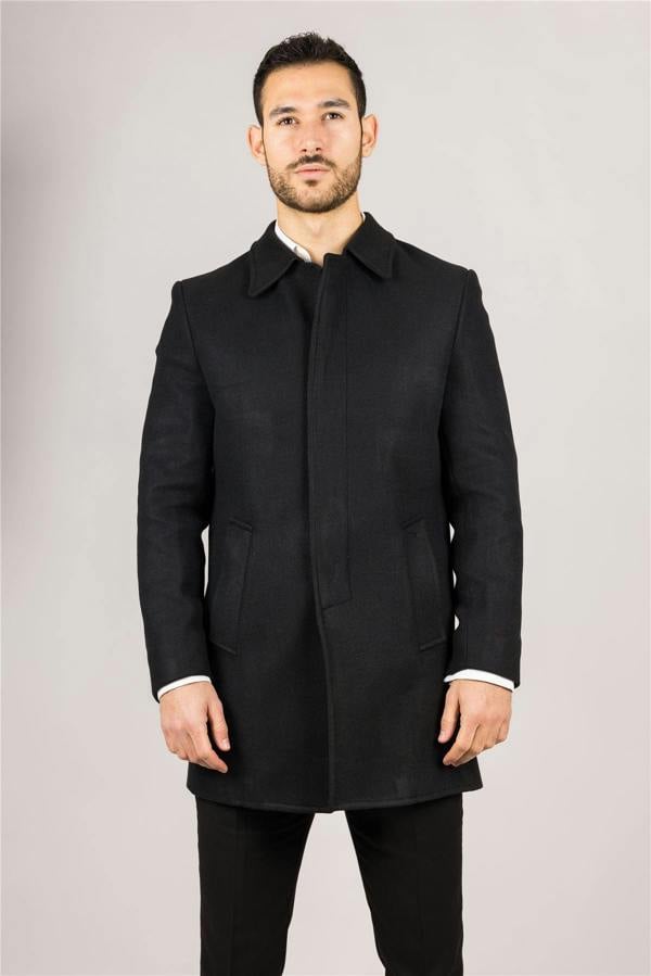 Infinity Leather Men's Wool Blend Classic Collar Black Overcoat