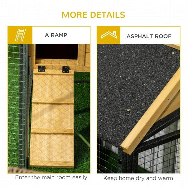 Outdoor rabbit hutch details: ramp entrance and dark asphalt roof on wooden frame