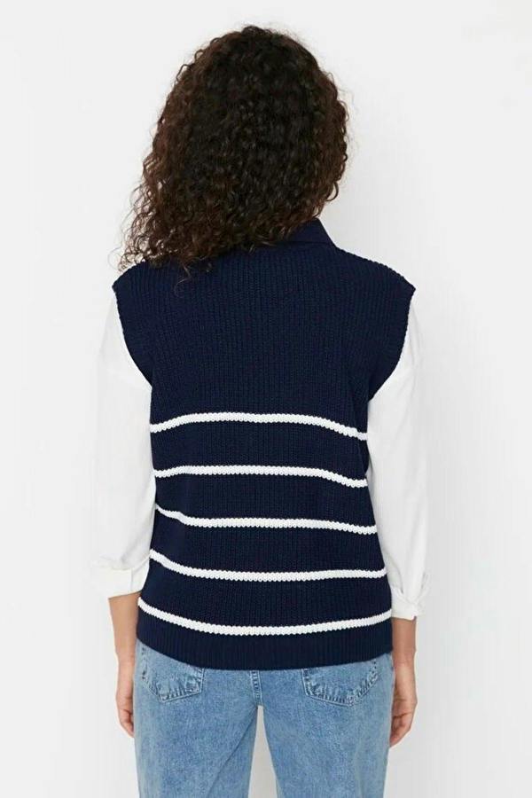 WOVCOR Zippered Striped Polo Neck Knit Sweater