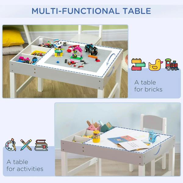 Grey kids multi-use activity table with open storage compartments and matching chair