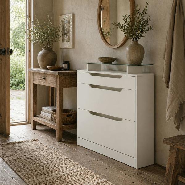 Wyld Haus Masola Wooden White Shoe Cabinet With Sliding Drawer 2 Flip Doors And Glass Top