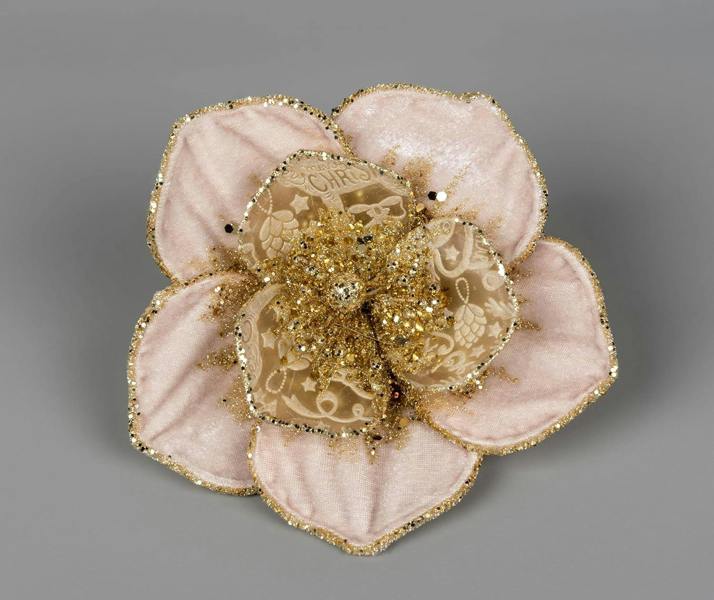 15cm Glitter Poinsettia Christmas Decoration with Metal Clip, Rose Gold Velvet Net, 6 Pack image 1