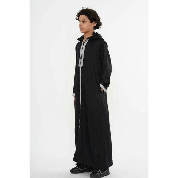 Boy's Moroccan Thobe Hooded Gandoura Embroidery Jubba - Black - Thobez - 6