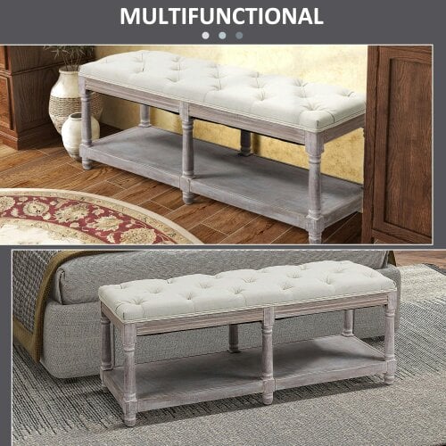 Wyld Haus Lono Cream 2 Tier Vintage Style Bed End Bench With Storage Shelf Tufted Diamond