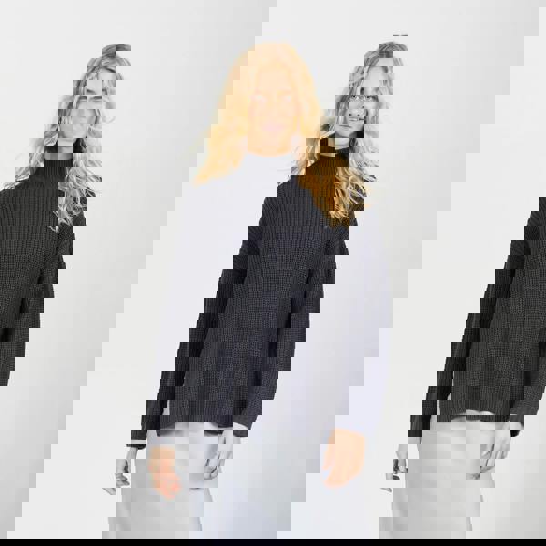 Brave Soul Charcoal Fisherman Knit Funnel Neck Jumper - Charcoal Image 1