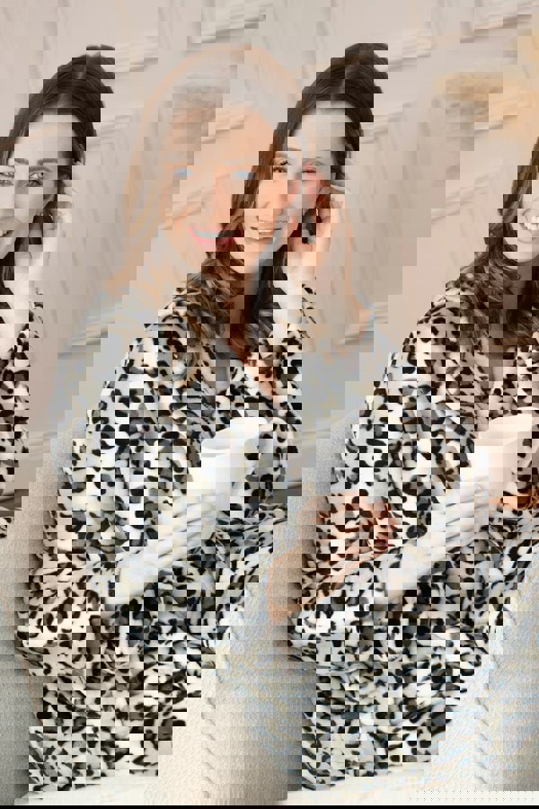 Camille Women's Brown Snow Leopard Supersoft Fleece Hooded Calf Length Bathrobe