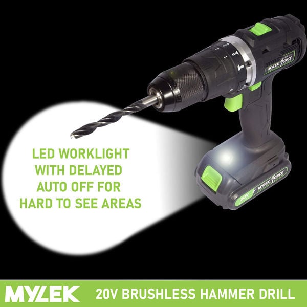 Mylek Cordless Drill 20V Brushless Driver Impact Hammer Action Combi Set with 50 Piece Accessory Set
