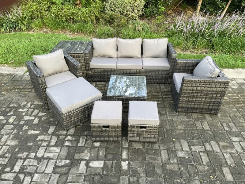 Fimous 8 Seater Wicker Rattan Garden Furniture Sofa Set with Side Table Armchair Square Coffee Table 3 Footstools Dark Grey Mixed