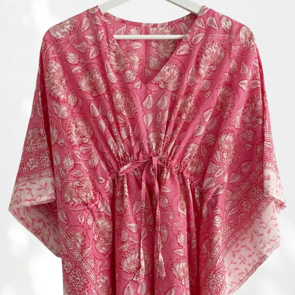 Hayley & Co Pink Floral Print 100% Cotton Beach Kaftan