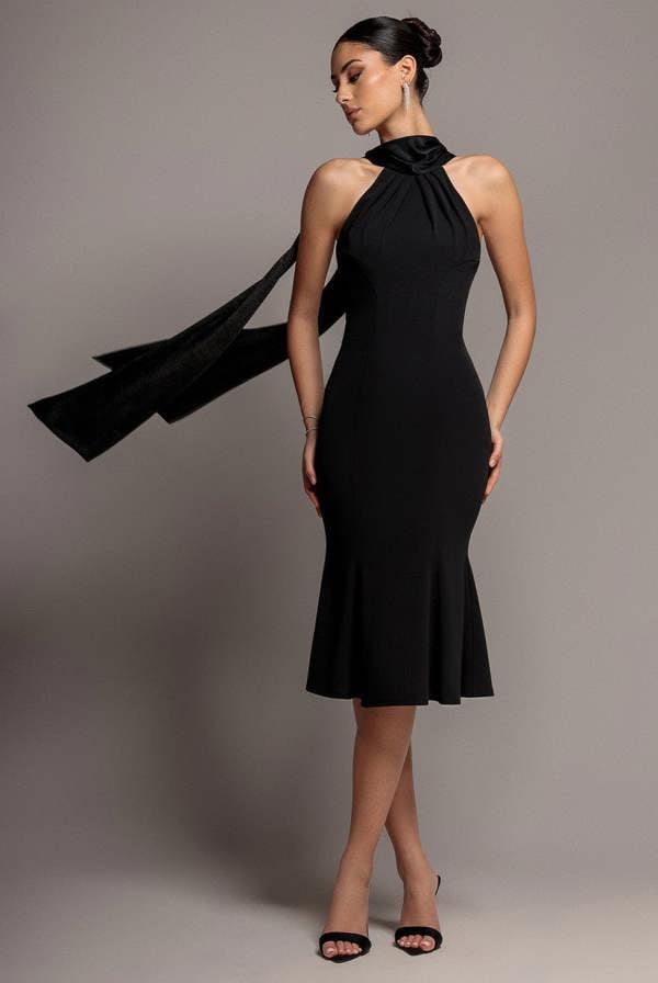 Scuba & Velvet Satin Halterneck Midi Dress With Back Sash - Black DR5022