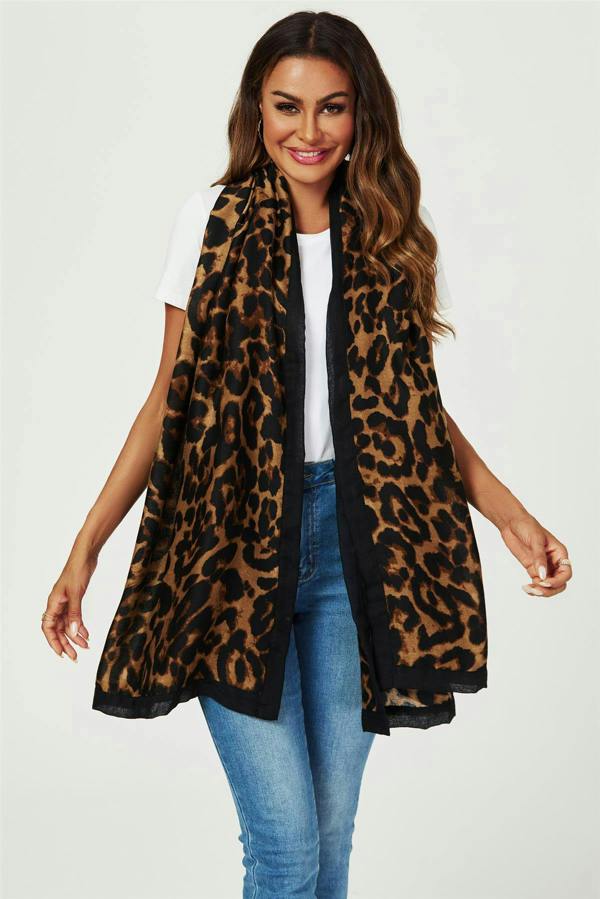 FS Collection Leopard Print Scarf In Brown & Black