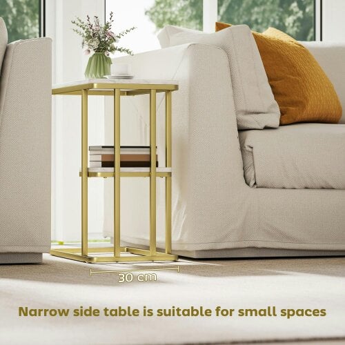 Wyld Haus Neso Metal And Wooden White Marble Grain Slim C Shaped Side Table With 2 Tier Storage