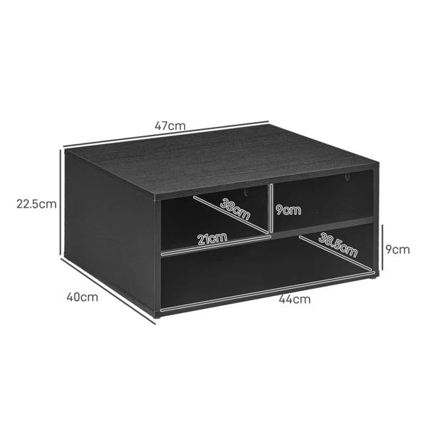 Black three-compartment printer storage cabinet with open shelves and front pull handle