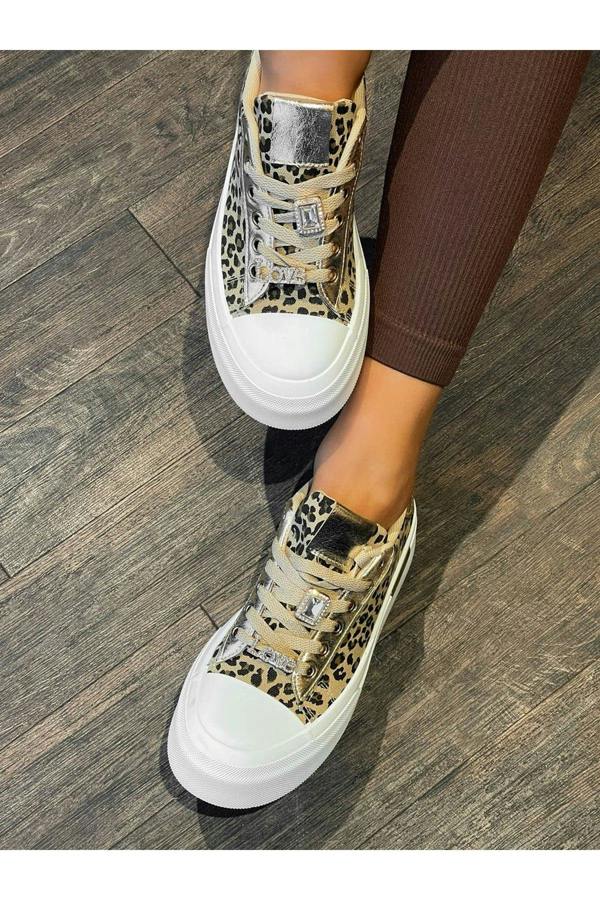 Angelah Lace Up Love Platform Trainers - Leopard