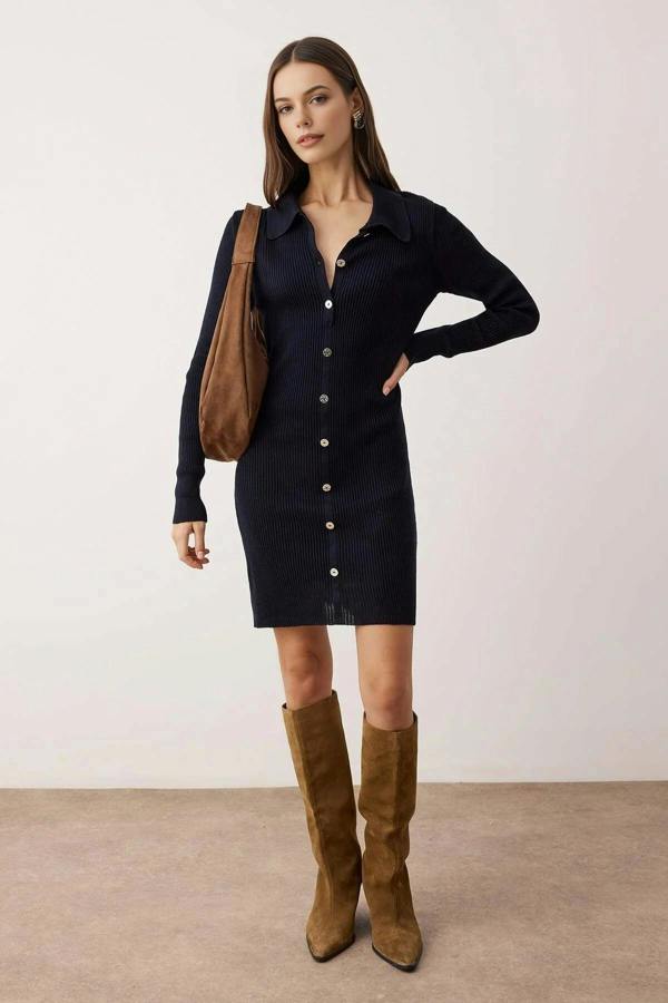WOVCOR Mini Polo Neck Fitted A-line Knitwear Dress