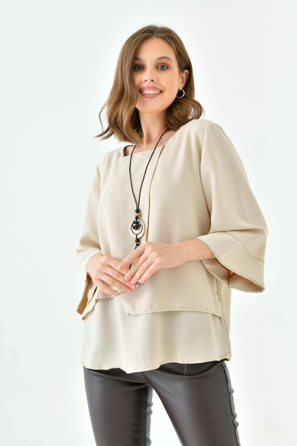 Hoxton Gal Oversized Fit 3/4 Sleeve Asymmetric Layered Blouse in Beige with Necklace