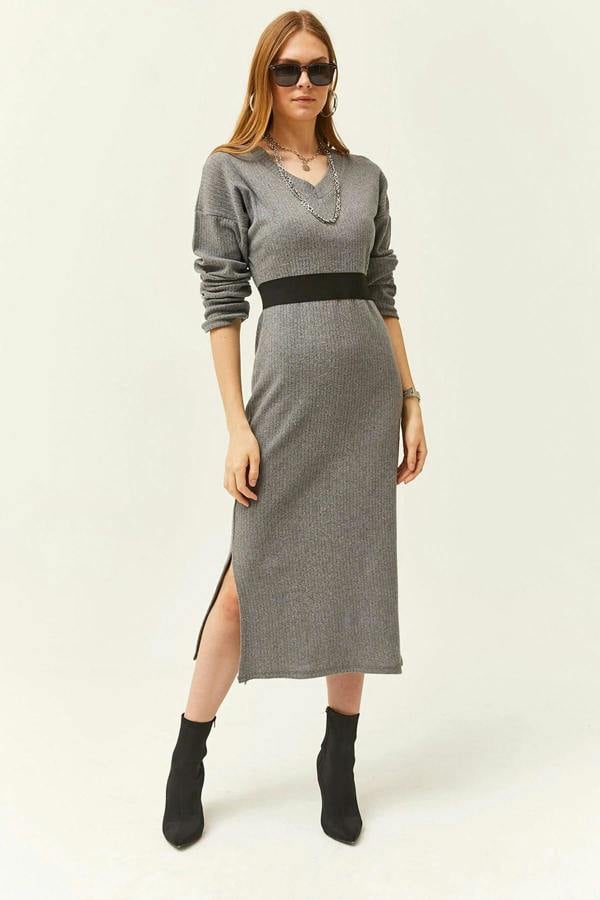 Hoxton Gal V-Neck Thick Ribbed Dress with Side Slit