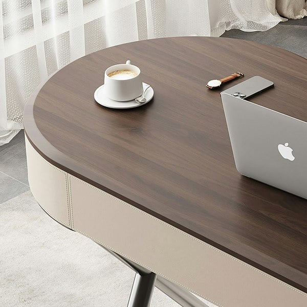 Chika Modern Office Desk For Home, Curved Office Desk, Wood with desk dividers for office