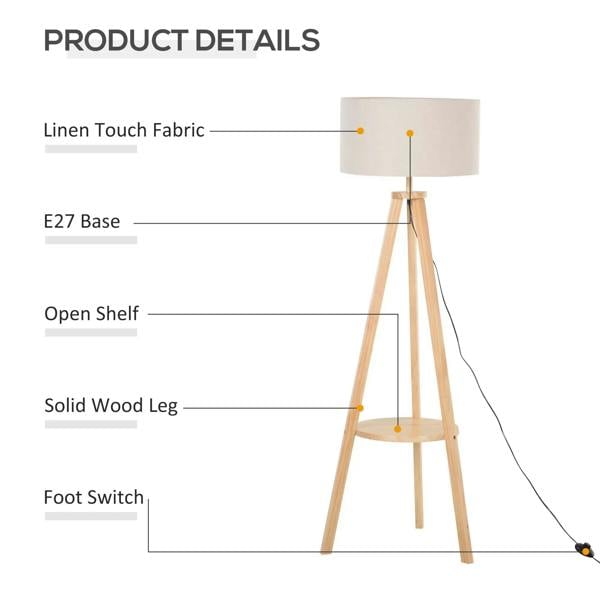 Tripod lamp detail: linen-touch fabric shade, open shelf, solid wood legs, foot switch