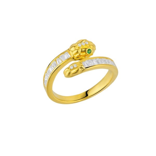 Spero London Baguette Snake Ring With Green Eyes in Sterling Silver