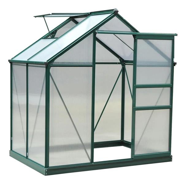 Dark green polycarbonate greenhouse with aluminum frame and sliding door