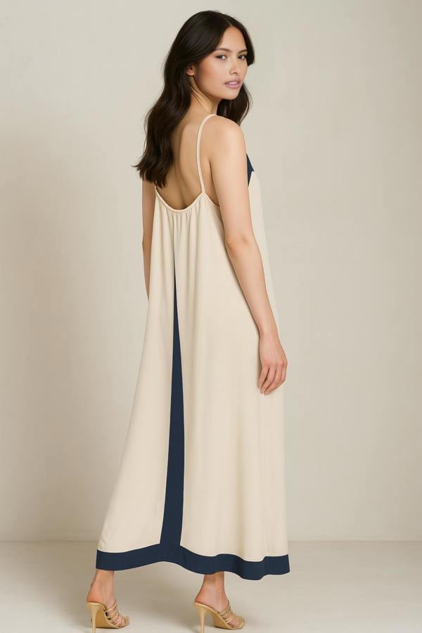 Hoxton Gal Relaxed Fit Cami Midi Dress in Beige and Navy