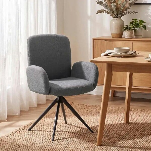 Swivel Accent Chair, Upholstered Linen-Look Armchair with Curved Backrest, Wrapped Armrests for Living Room, Grey