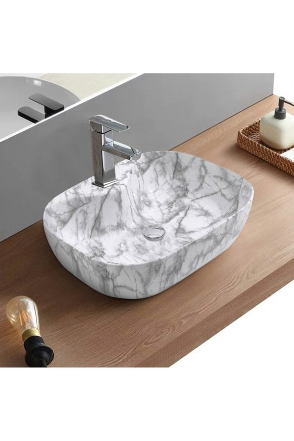 Living and Home White Ceramic Marble Vessle Bathroom Sink