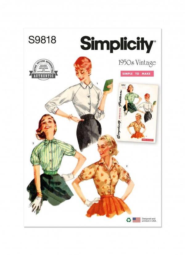 Simplicity Sewing Pattern 9818, Tops, Vintage Style for Women, H5 (6-8-10-12-14) - Easy