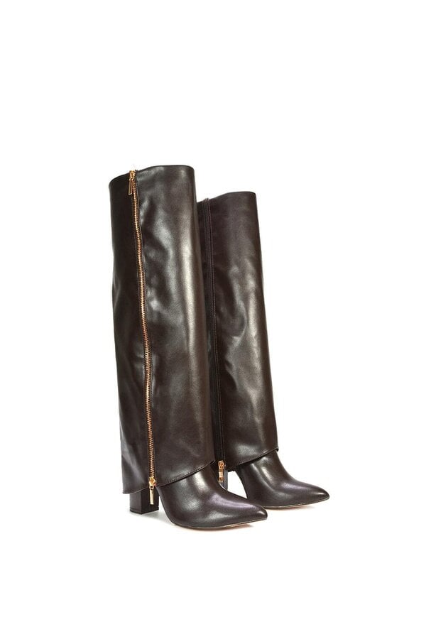 XY LONDON Knee High Boots Fold Over Point Toe Deco Zip