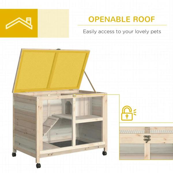 Two-tier indoor wooden hutch with raised openable roof, ramp, and caster wheels