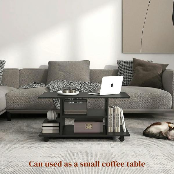 Black TV console styled as a coffee table, with open shelf storage