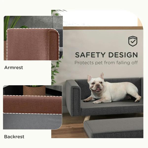 Grey elevated dog sofa bed with safety side arms and backrest, dog resting on it