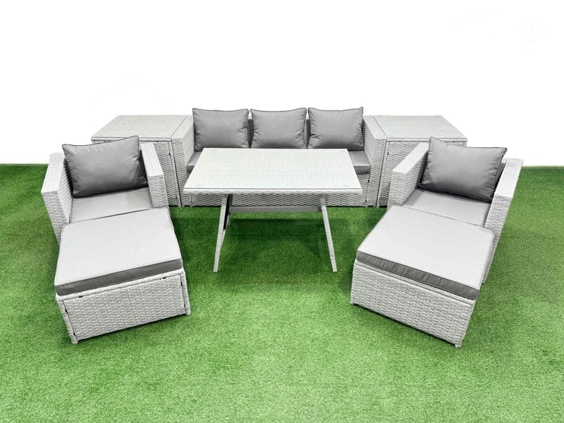 Fimous 9 Pieces Outdoor PE Rattan Sofa Armchair Set Patio Garden Furniture Sets with Cushions 2 Side Tables 2 Big Stools Light Grey