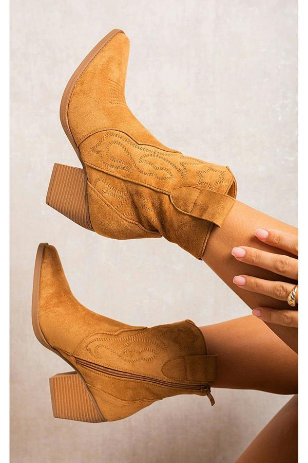 Laura Suede Cowboy Ankle Length Boots - Camel