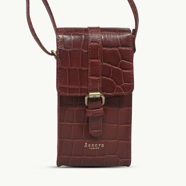Assots London 'PETRA' Red Croc Real Leather Mobile Phone Crossbody Bag