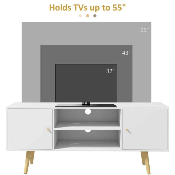 White TV stand cabinet holding up to 55-inch TVs with open center shelf and doors.