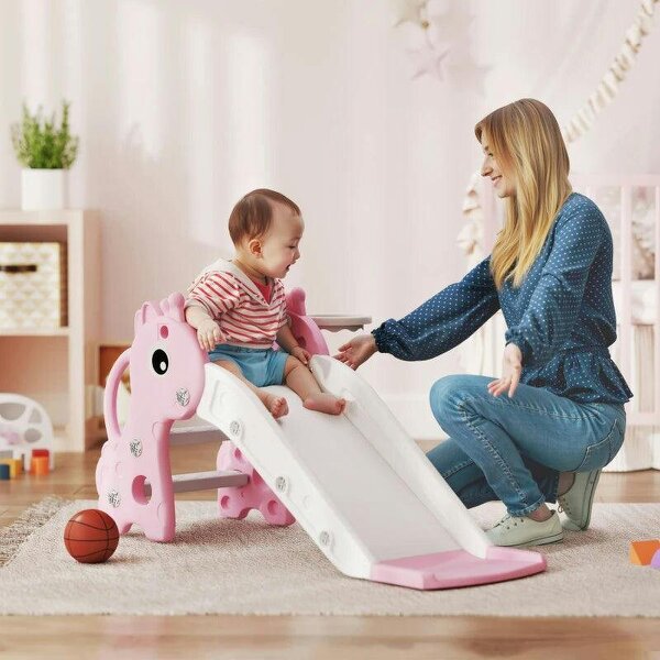 3 in 1 Kids Slide with Climber, Basketball Hoop and Ball, Giraffe Shape Climber Slide for Indoor Kids Age 1-3, Pink - Pink
