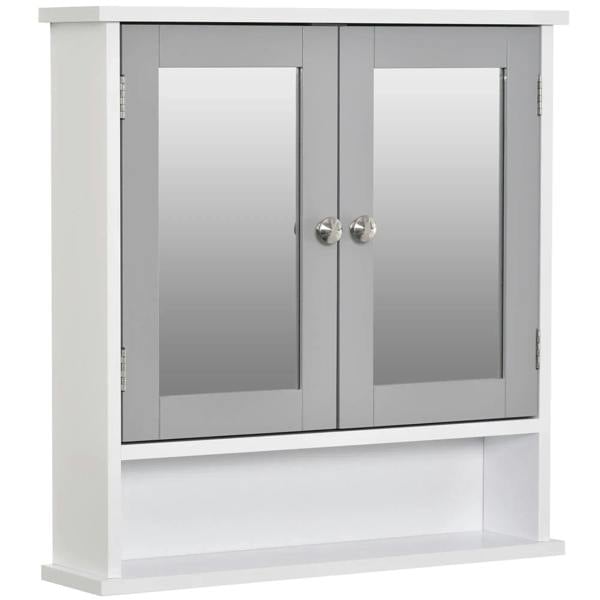 Grey bathroom wall storage cabinet with two mirrored doors and metal knob handles