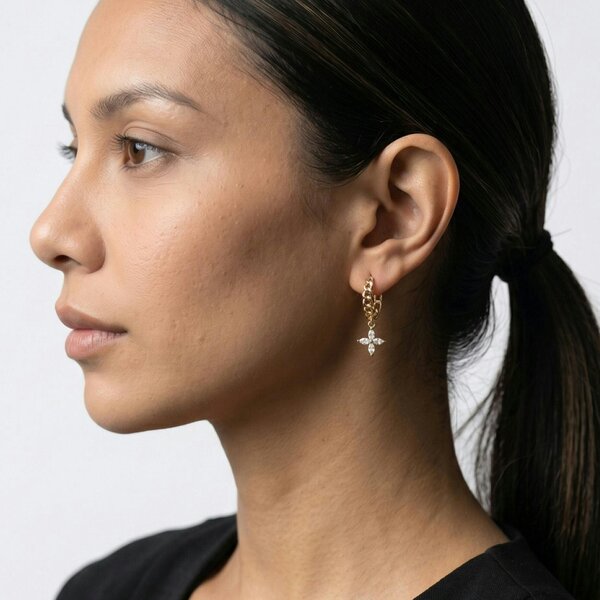 Uchi & Soto Kinmokusei Gold Flower Drop Chain Hoop Earrings