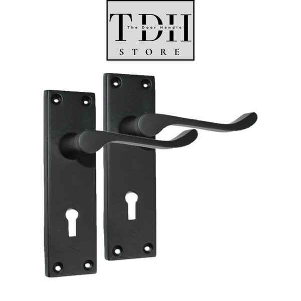 EDH Door Hardware Matt Black Victorian Scroll Door Handles – Handle Only, Handle + Lock or Lock Only – 150mm x 43mm